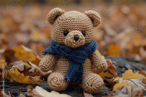 Adorable Crocheted Bear Surrounded by Autumn Leaves