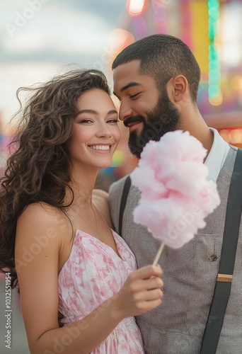 Couple enjoying cotton candy at a vibrant carnival during sunset, capturing a...