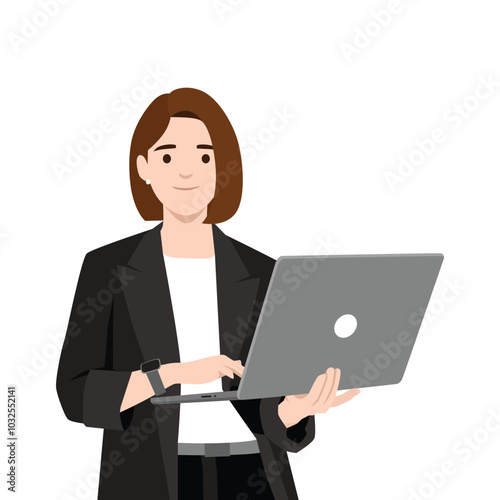 Young business woman holding laptop. Flat vector illustration isolated on white background