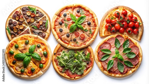 "Assorted Pizza Styles for Menu: Bacon, Veggie, Margherita, Spinach & Olive, Mexico - White Background"