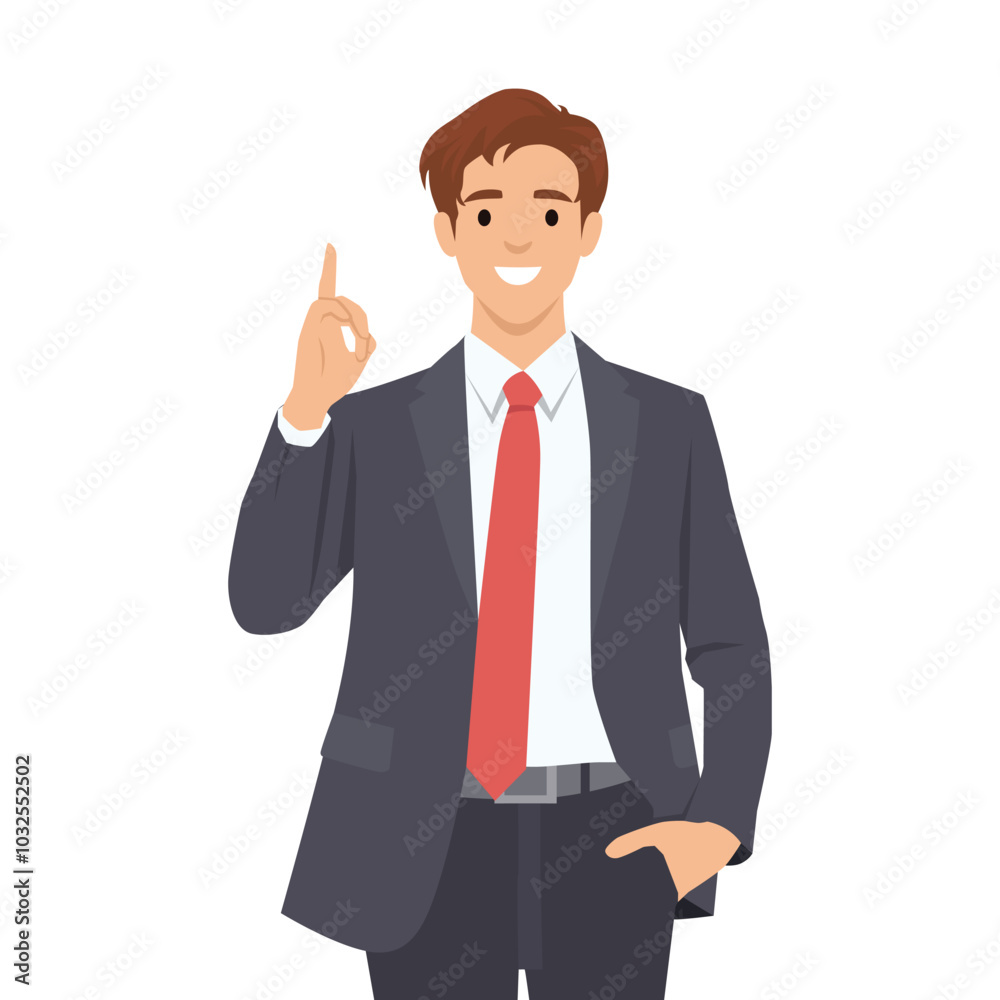 Happy businessman pointing up index finger gesture. Flat vector illustration isolated on white background Happy businessman pointing up index finger gesture. Flat vector illustration isolated on white background