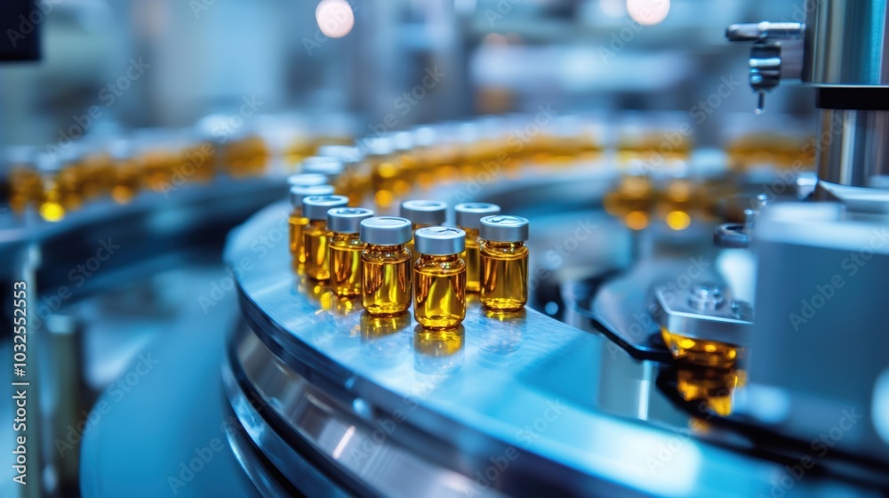 Medical vials on production line at pharmaceutical factory, Pharmaceutical machine working pharmaceutical glass bottles production line, health care, pandemic Medical vials on production line at pharmaceutical factory, Pharmaceutical machine working pharmaceutical glass bottles production line, health care, pandemic
