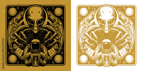 a astronaut catch by scary alien card vintage design