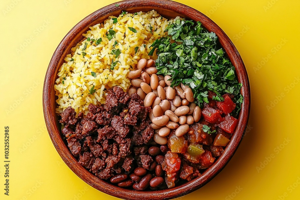 A wooden bowl filled with rice, beans, ground beef, diced tomatoes, and green onions.