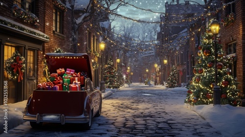 Snow blankets the cobblestone street, where string lights and decorated trees create a magical atmosphere. A vintage car, filled with colorful gifts, sets the scene for a joyful holiday celebration.