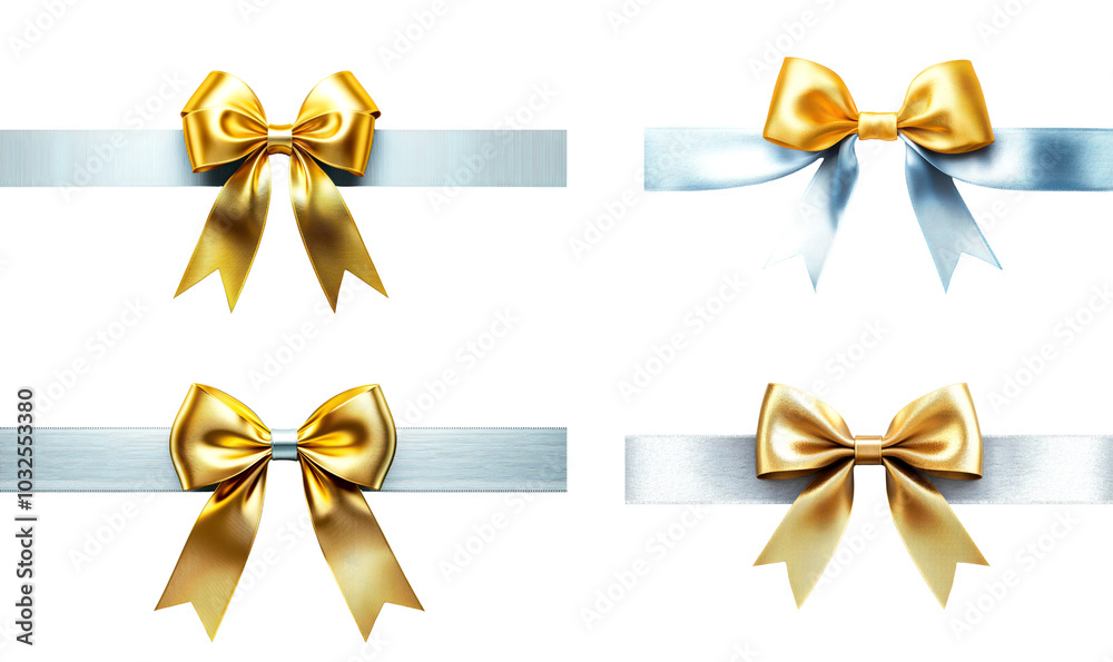 Set of festive blue ribbon and gold bows isolate on transparent background, cutout, png