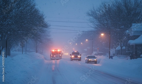 Snowy road with emergency vehicle and cars.