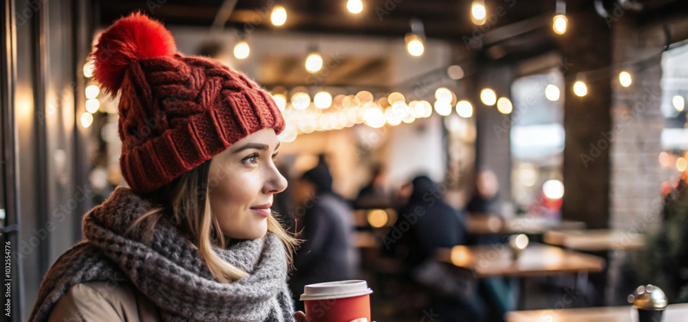 Obraz premium a cozy winter day at an outdoor coffee shop individual wearing generative ai