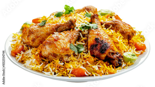 Spicy chicken biryani with fragrant rice isolated on transparent background