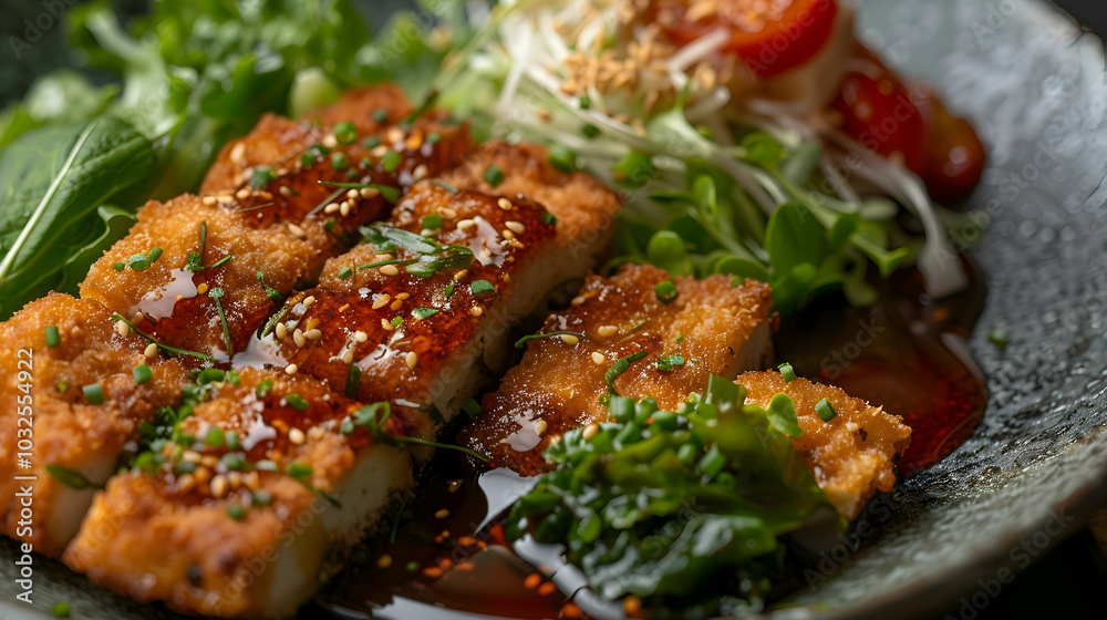 Vegetarian tonkatsu with tofu and a side of greens