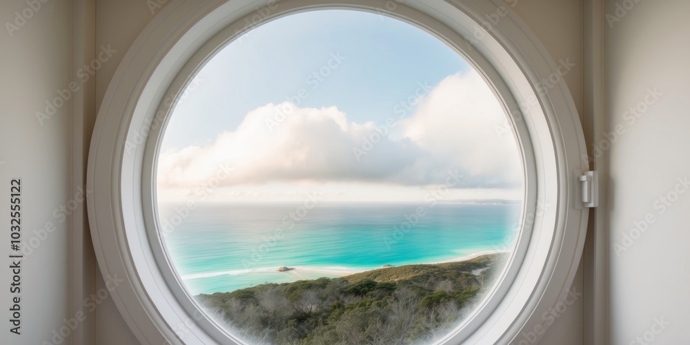 Fototapeta premium A Circular Window Reveals a Coastal Landscape Seen Through Clouds.
