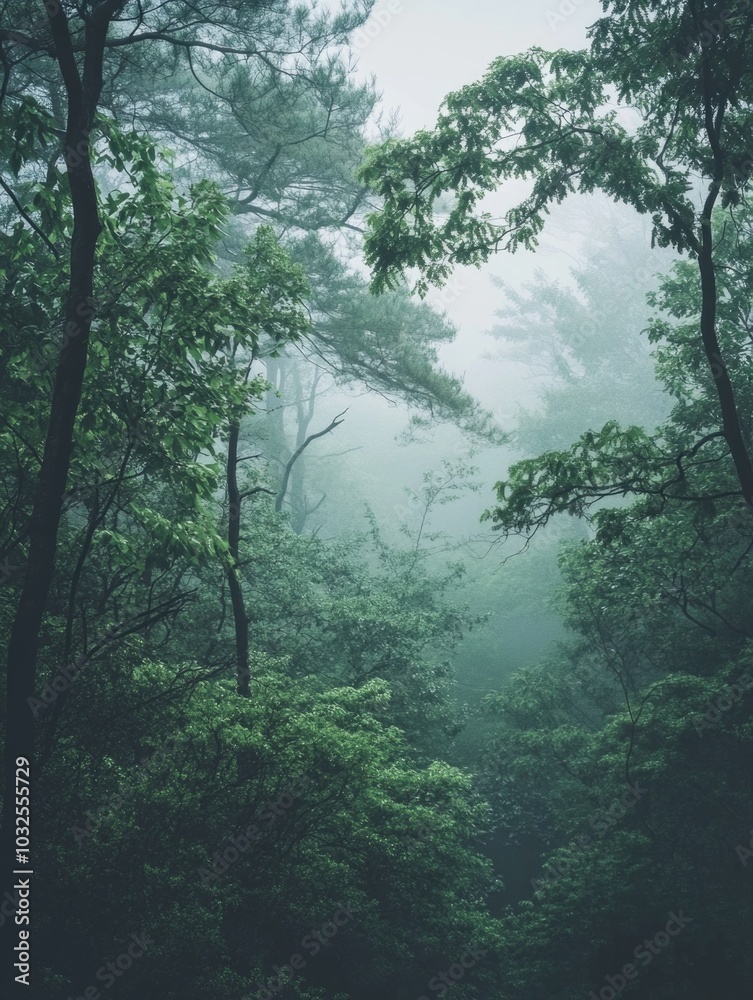 Obraz premium Foggy Forest Path in the Rain