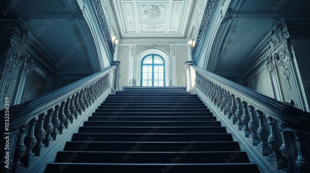 Obraz premium Symmetrical lines of a grand staircase in a historic mansion, showcasing elegance
