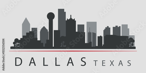 Black silhouette of the city skyline in Dallas, Texas, emphasized by red line with text. Vector on a gray background	