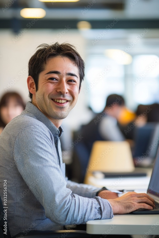 Man Sitting at Desk in Bright Office Environment Man Sitting at Desk in Bright Office Environment