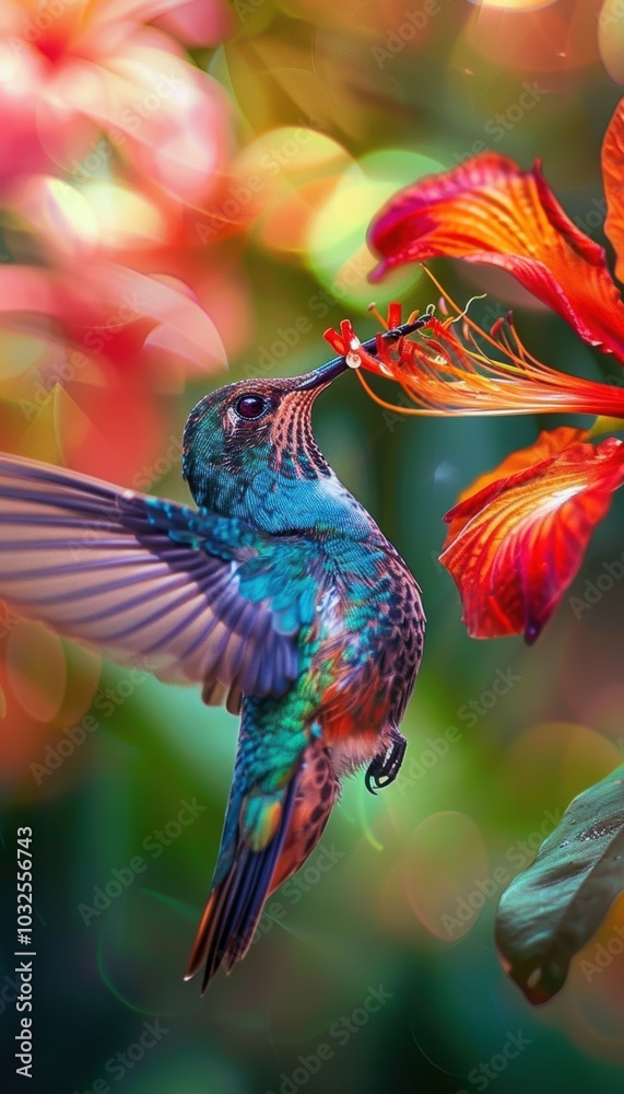 Obraz premium Hummingbird Hovering: Nature's Vibrant Dance with Red Blossoms in Mid-Air