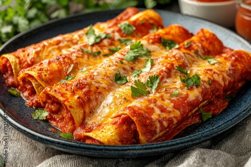 Close-up of Cheesy Enchiladas with Cilantro Garnish on a Blue Plate