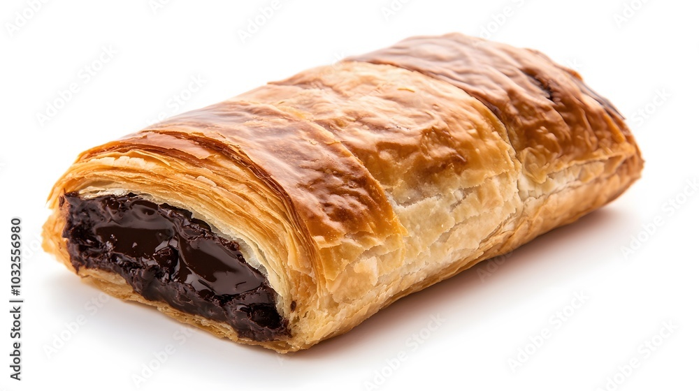 Realistic spread of a pain au chocolat with visible layers of buttery pastry and melted chocolate inside on a white background