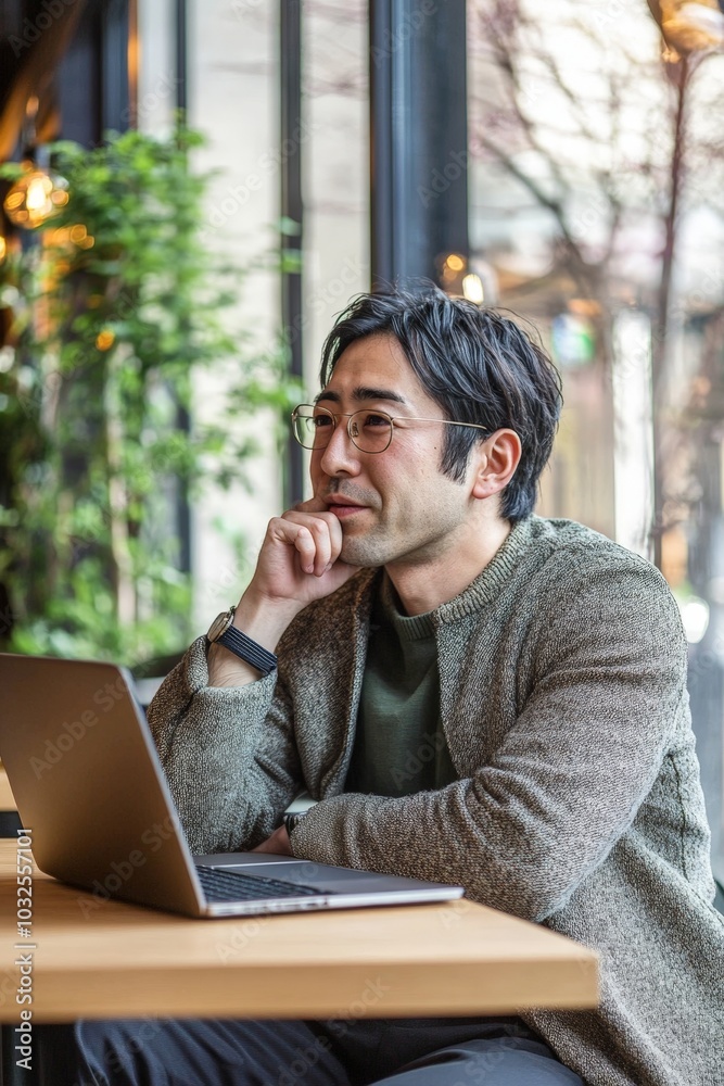 Thoughtful Man with Glasses in Modern Café Setting Thoughtful Man with Glasses in Modern Café Setting
