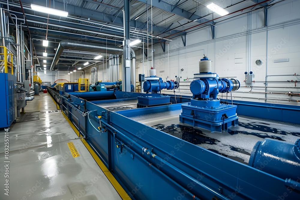 Naklejka premium Industrial Water Treatment Facility with Blue Pumps and Tanks