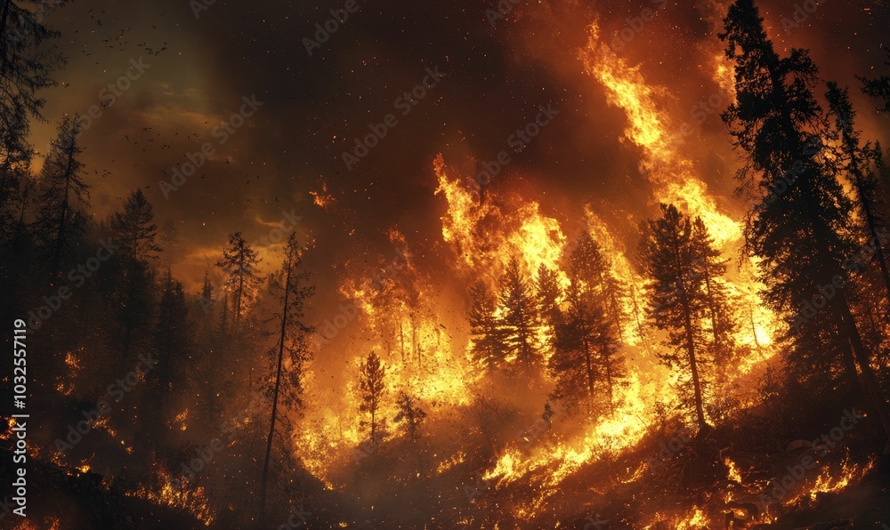 Forest fire burns tall trees at night. Forest fire burns tall trees at night.