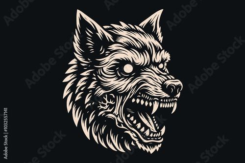 Evil wolf head. Demonic zombie beast from hell. Vector illustration, emblem, contour drawing, tattoo sketch