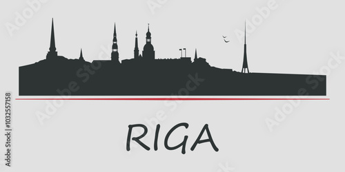 Black silhouette of Riga city skyline. Silhouettes of buildings. Vector on a gray background	