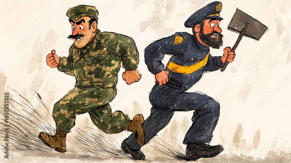 Cartoon Soldier and Police Officer Running with Weapon