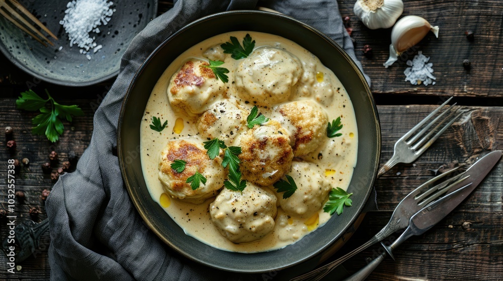 Spiced Tators in creamy sauce on a dark wooden table Spiced Tators in creamy sauce on a dark wooden table