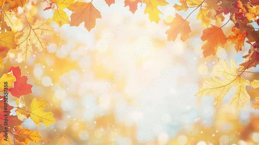 
Blurry autumn background with a frame of colorful yellow and red oak foliage on a sunny day. 