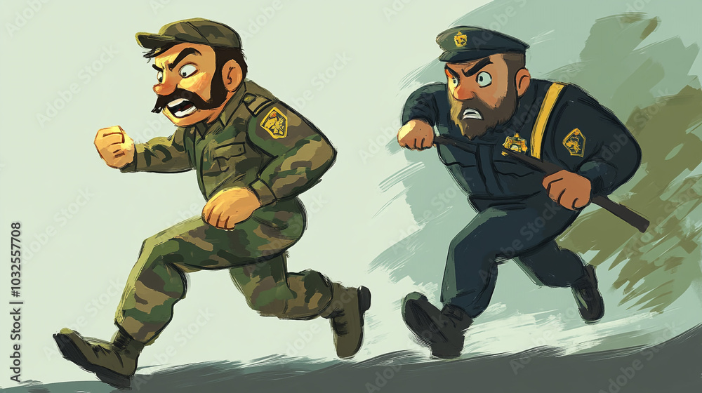 Naklejka premium Cartoon Soldier Running Away From Police Officer Illustration
