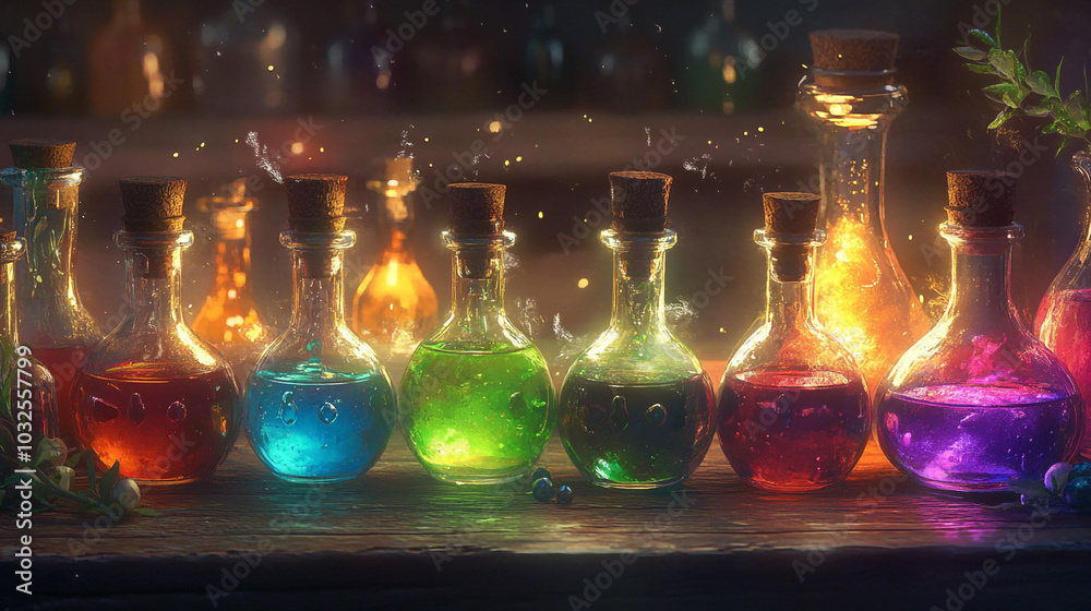 Magical Potions in Glass Bottles on Wooden Table Magical Potions in Glass Bottles on Wooden Table