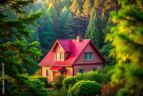 "Low Light Photo of a Pink House with Red Roof Surrounded by Green Trees"