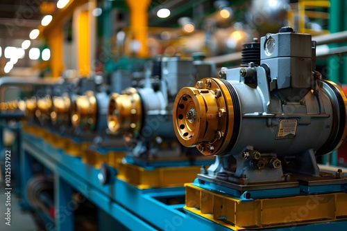 Industrial Machinery: A Row of Precision Pumps in a Manufacturing Facility