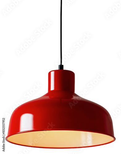 Bright red pendant lamp hanging from the ceiling isolated on transparent background