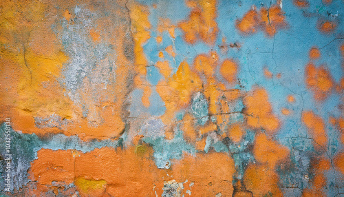 Weathered Wall: Hues of orange and blue paint blend, revealing a textured, aged surface. Intriguing!