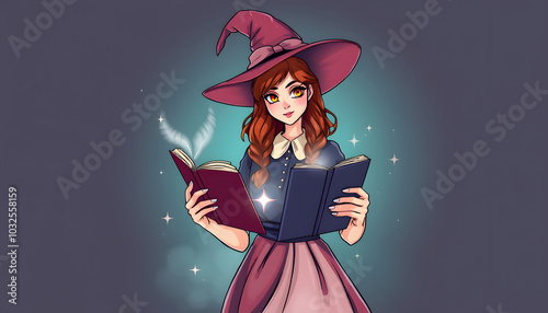 redhead witch with magic book isolated with white highlights, png photo