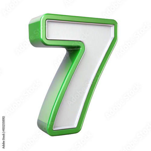 Green number Saven isolated on transparent background, 3D metallic style number