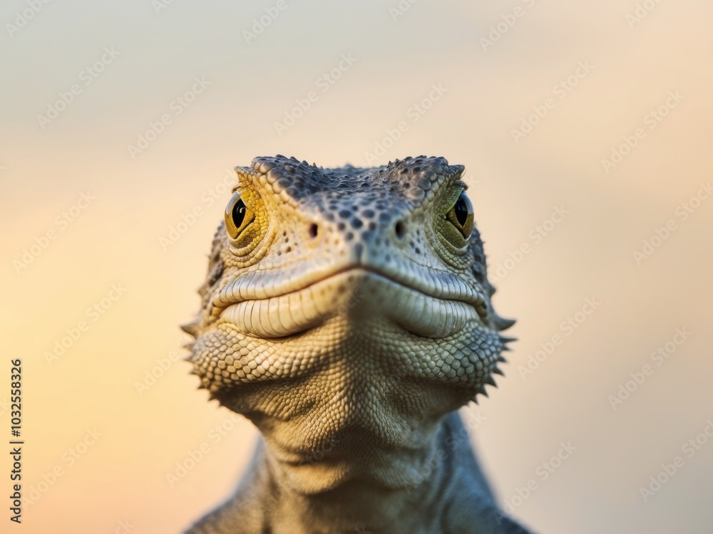 A lizard's face in sharp focus Background softly blurred Yellow sky backdrop. A lizard's face in sharp focus Background softly blurred Yellow sky backdrop.