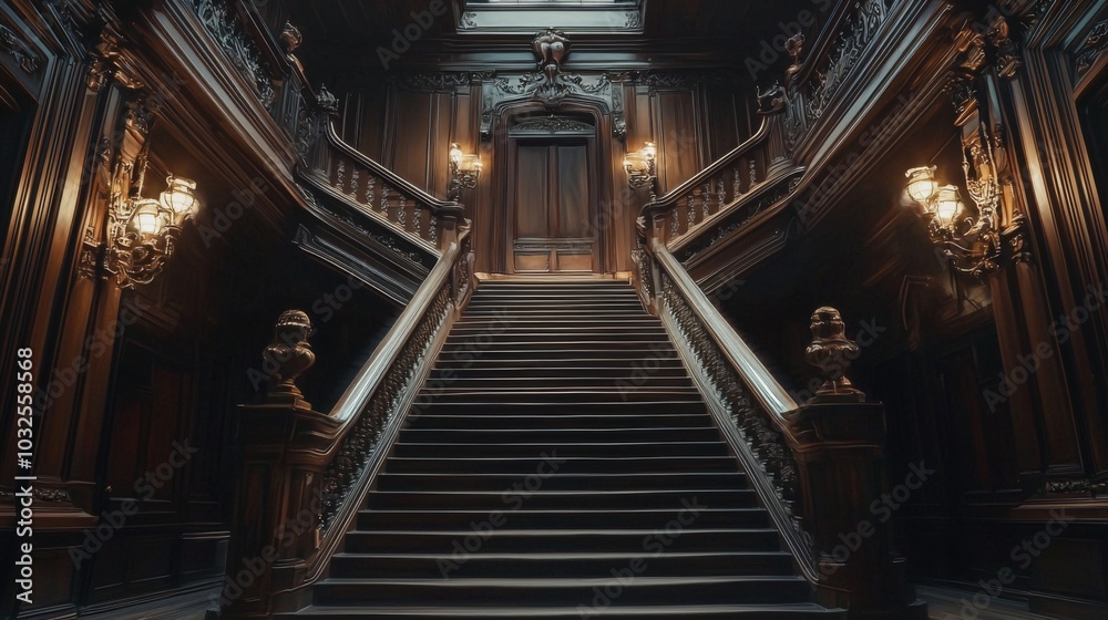 Symmetrical lines of a grand staircase in a historic mansion, showcasing elegance Symmetrical lines of a grand staircase in a historic mansion, showcasing elegance