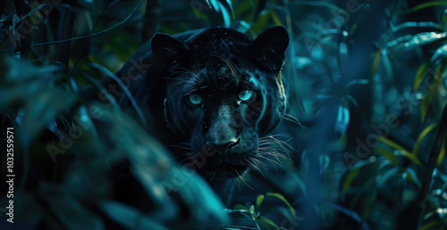 Mysterious Black Panther Prowling in Moonlit Jungle for Wildlife Poster