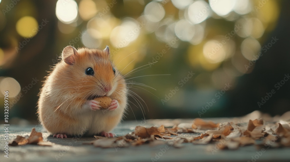 Hamster enjoying a snack with gentle sunlight coming from the side, minimal background Hamster enjoying a snack with gentle sunlight coming from the side, minimal background