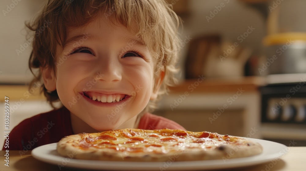 Close-up of a happy child at a kitchen table, with a plate with pizza environment Close-up of a happy child at a kitchen table, with a plate with pizza environment