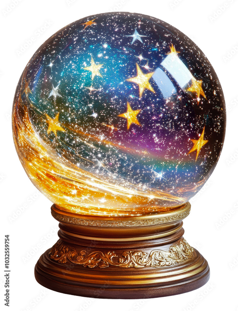 A magical snow globe with stars and cosmic colors isolated on transparent background A magical snow globe with stars and cosmic colors isolated on transparent background