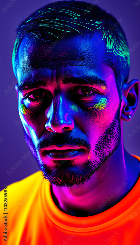 Portrait of a man painted in fluorescent UV colors isolated with white highlights, png Portrait of a man painted in fluorescent UV colors isolated with white highlights, png