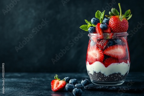 Yogurt parfait with fresh strawberries, blueberries, and chia seeds in a glass jar. photo