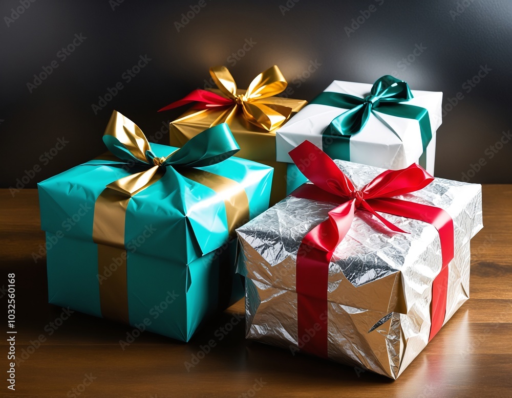 Wrapped gifts in vibrant colors and bows Wrapped gifts in vibrant colors and bows