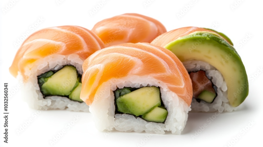 A fresh sushi roll with salmon, avocado, and cucumber, showcasing a vibrant presentation perfect for dining or culinary photography. A fresh sushi roll with salmon, avocado, and cucumber, showcasing a vibrant presentation perfect for dining or culinary photography.