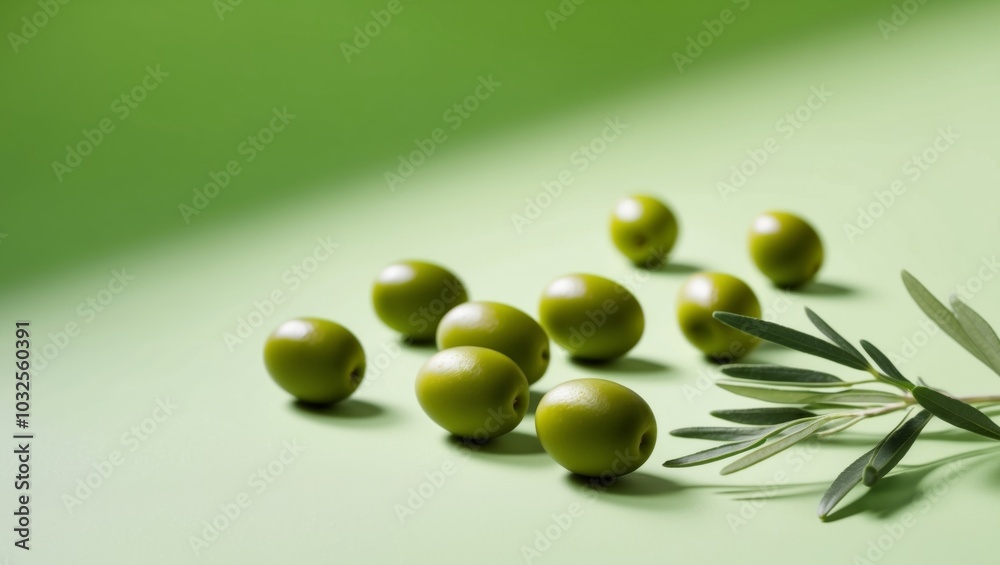 Green Olives with Olive Branches on Green Background. Green Olives with Olive Branches on Green Background.