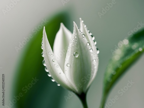 A macro shot of a flower with dewdrops on its petals and a verdant leaf in the backdrop. photo